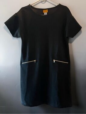 Ruby Rd. Black Short Sleeve Shift Dress with Gold Zippers - Ms. Suede